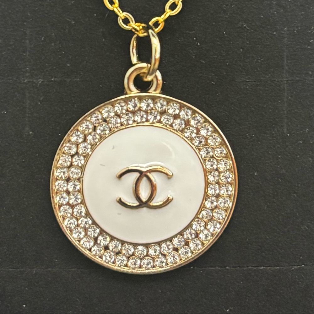 Gold and White Crystal Logo Pendant Necklace - Designer Style